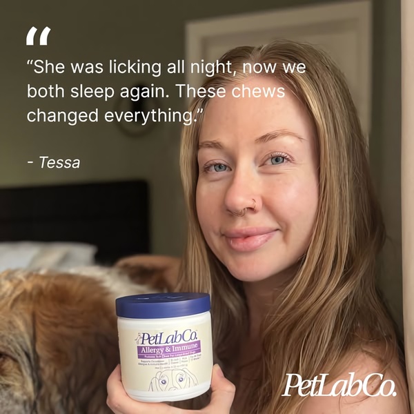 A 1:1 format ad featuring a customer holding the supplement product with an overlay text quote about pet relief.